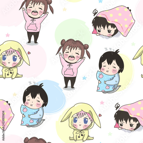 Kawaii kids. Hand drawn vector seamless pattern
