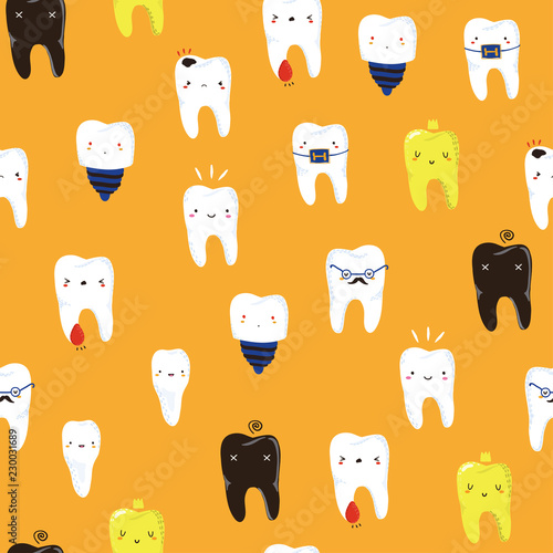 Various cute teeth. Colored vector seamless pattern. Yellow background