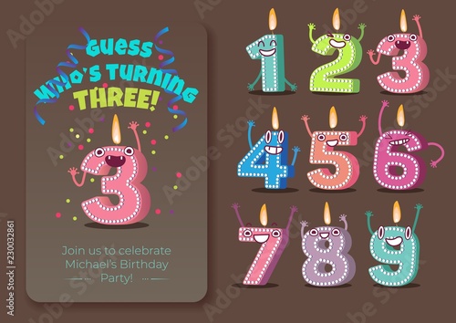 Vector cute birthday poster with candle number three 3 character with flame at his head dancing, guess whos turning three inscription, 1 to 9 numbers. Kids birthday holiday party background design