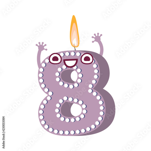 Cute birthday candle number eight 8 character with flame at his head dancing. Typographic humanized symbol with hands, arm and face emotions. Kids birthday holiday party font sign. Vector illustration