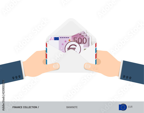 500 Euro Banknotes in envelope hold in hand. Flat style opened white envelope with cash. Salary payout or corruption concept.