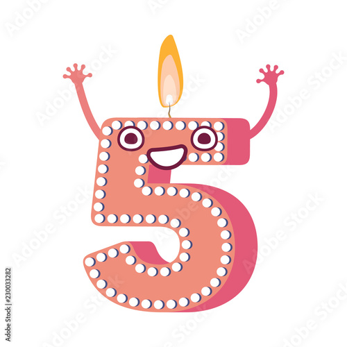 Cute birthday candle number five 5 character with flame at his head dancing. Typographic humanized symbol with hands, arm and face emotions. Kids birthday holiday party font sign. Vector illustration