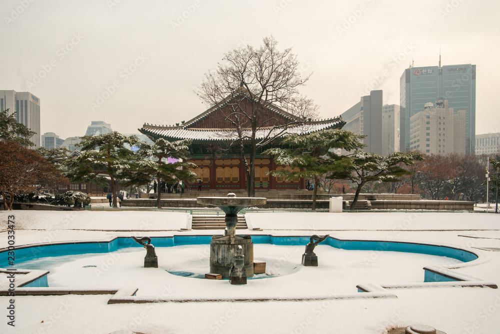 Deoksugung Palace with white snow, Seoul, South Korea