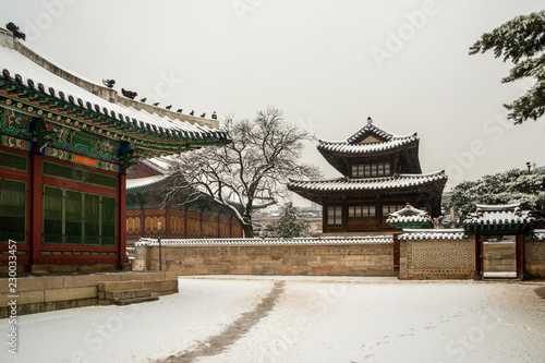 Photography Deoksugung Palace with white snow, Seoul, South Korea