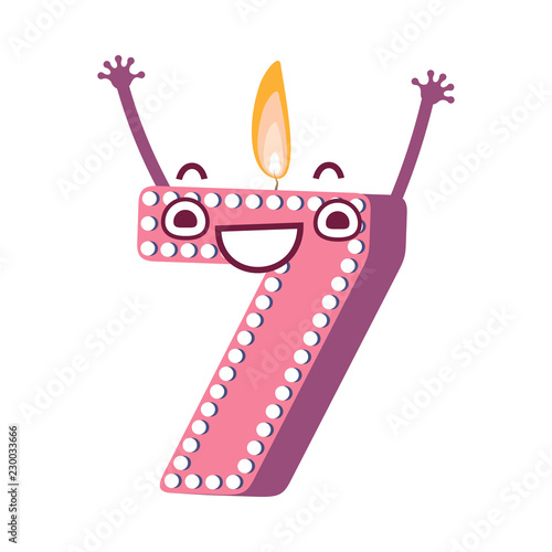 Cute birthday candle number seven 7 character with flame at his head dancing. Typographic humanized symbol with hands, arm and face emotions. Kids birthday holiday party font sign. Vector illustration