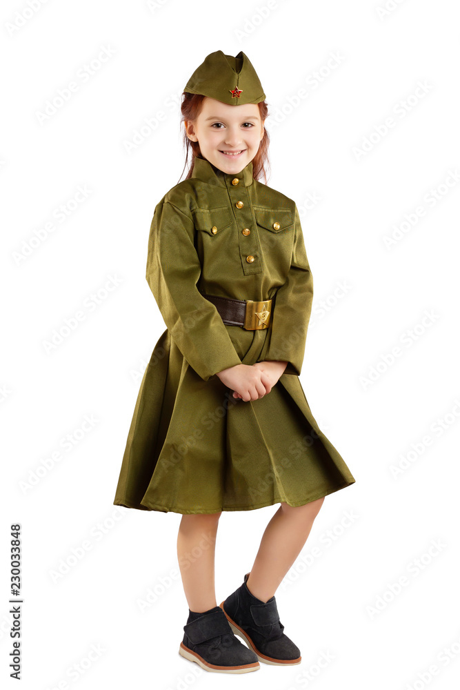 Portrait of pretty girl in USSR military uniform isolated at white  background. Concept of russian soldier for 9 May holiday celebration. Stock  Photo | Adobe Stock