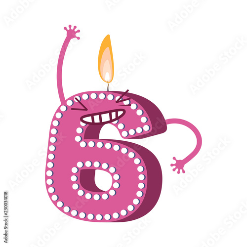 Cute birthday candle number six 6 character with flame at his head dancing. Typographic humanized symbol with hands, arm and face emotions. Kids birthday holiday party font sign. Vector illustration