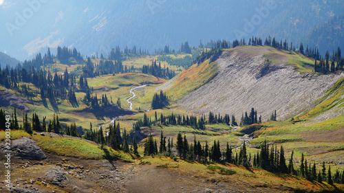 Mount Rainier Mountain Landscapes on the Wonderland Trail near Seattle, USA.