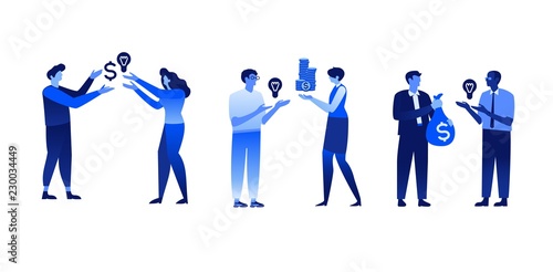 Financing vector illustration set with various scenes of relationships of people who have business ideas and who are ready to invest money for their implementation - isolated gradient flat image.