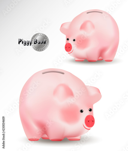 Piggy bank or moneybox. Realistic vector illustration isolated on white background. Cute pig eastern chinese symbol of 2019 year