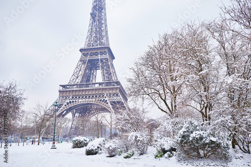 Fototapeta Naklejka Na Ścianę i Meble -  Scenic view to the Eiffel tower on a day with heavy snow