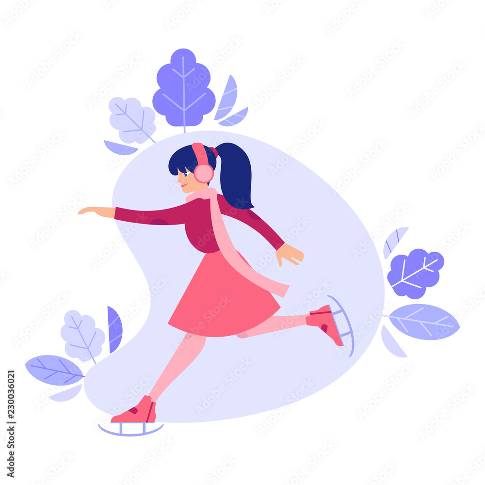 Vector girl in headphones ice-skating outdoors in winter in warm clothing, headphones and scarf on background of abstract florals. Female character and sport illustration Vector girl in headphones ice-skating outdoors in winter in warm clothing, headphones and scarf on background of abstract florals. Female character and sport illustration