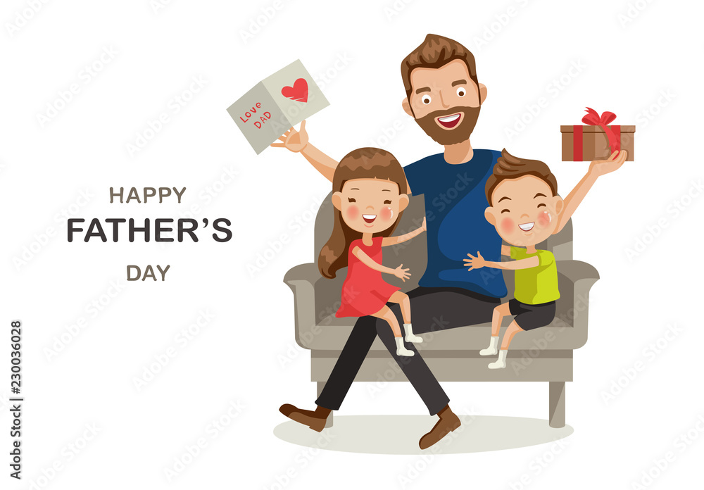 Father's Day, son and daughter are embracing father with love and giving  gifts and greetings to father. Father smiled and was happy. Cute cartoon,  good relationship with the  illustration Stock Vector |