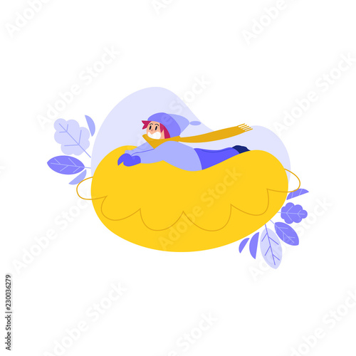 Vector boy kid in hat sledging at inflatable tube, snowtubing outdoors in winter in warm clothing on abstract floral elements background. Male child character and leisure activity illustration.