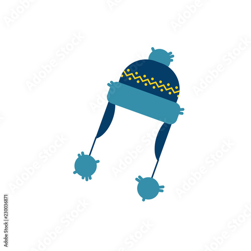 Cute blue knitted hat with earflaps with abstract christmas print icon. Cold weather, winter outdoor leisure activity cloth with traditional ornament. Vector isolated illustration.