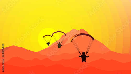 paragliding parasailing fly in the sky sunset illustration