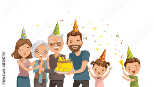 Elderly Birthday Happy family celebrates grandmother's birthday. Be surprised with the cake and the party. Love the relationship of the loving family. Happy time. Cartoon vector illustration 
