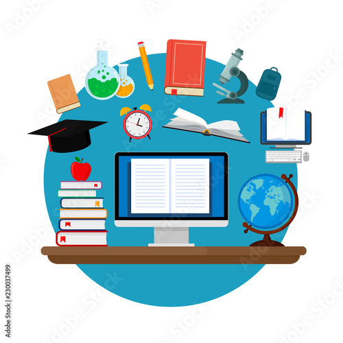 Online education concept. E-learning, online courses, school homework. Vector illustration in flat style. EPS10.