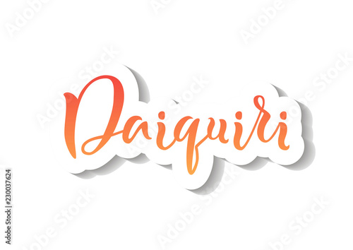 Modern calligraphy lettering of Daiquiri in red orange gradient with white outline and shadow on white background for bar menu, cocktail menu, advertisement, cafe, restaurant, packaging, flyer,sticker