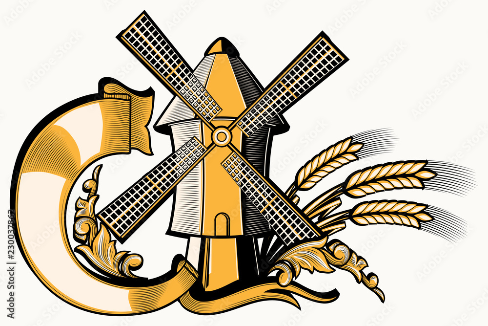 Windmill and wheat decorative emblem Windmill and wheat decorative emblem