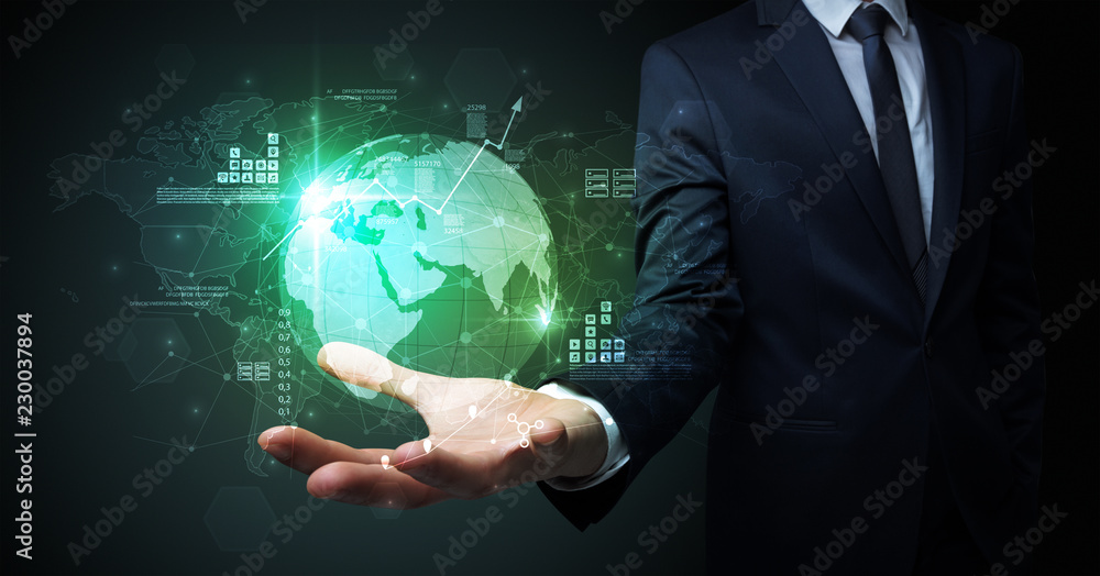 Businessman handing transparent global information flow concept on his hand Businessman handing transparent global information flow concept on his hand