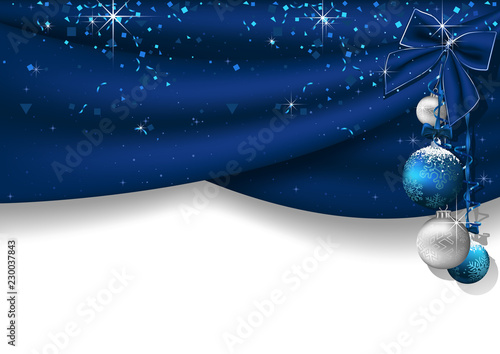 Christmas Background with Blue Curtains and Hanging Christmas Baubles with Fa...