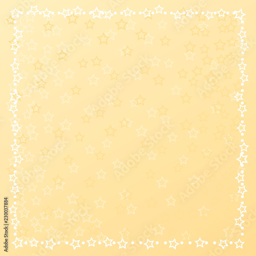 Decorative square frame of stars and dots in white on yellow gradient background with stars for decoration, poster, banner, postcard, greeting card, gift tag, text, lettering, advertising