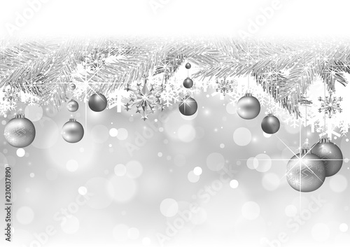 Silver Christmas Background with Silver Snow-covered Branches and Hanging Baubles - Festive Xmas Illustration, Vector