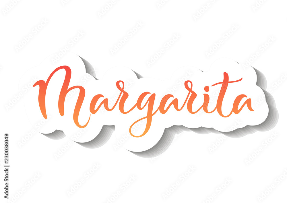 Modern calligraphy lettering of Margarita in red orange gradient with white outline and shadow on white background for bar menu, cocktail menu, advertisement, cafe, restaurant, packaging,flyer,sticke