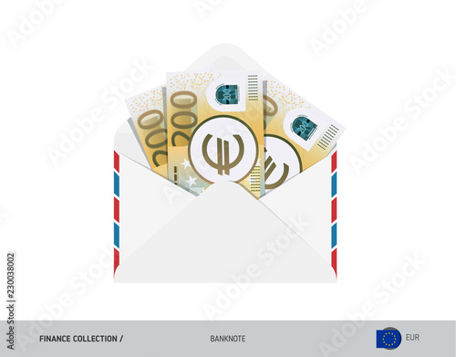 200 Euro Banknotes in envelope. Flat style opened white envelope with cash. Salary payout or corruption concept.