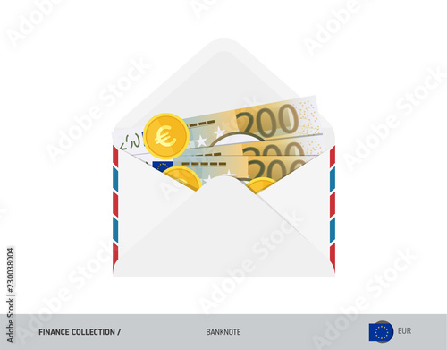 200 Euro Banknote. Flat style opened envelope with cash. Euro banknotes and coins. Salary payout or corruption concept.