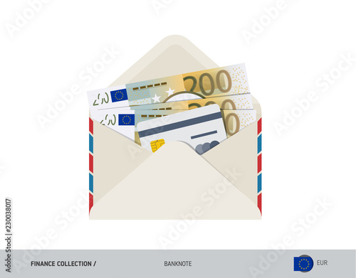 200 Euro Banknote. Flat style opened envelope with cash. Euro banknotes and credit card. Salary payout or bank transaction concept.