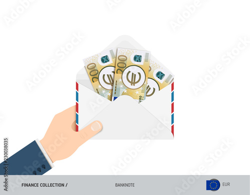 200 Euro Banknotes in envelope hold in hand. Flat style opened white envelope with cash. Salary payout or corruption concept.