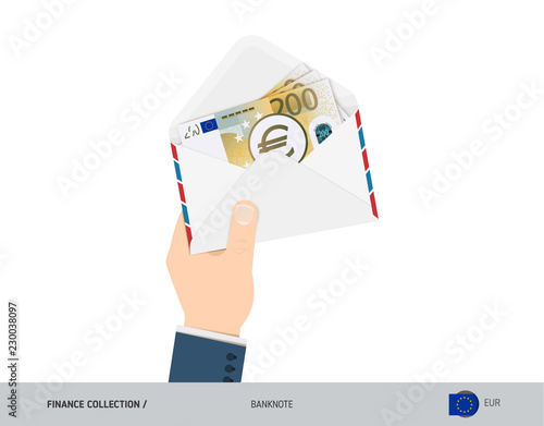 200 Euro Banknotes in envelope hold in hand. Flat style opened white envelope with cash. Salary payout or corruption concept.