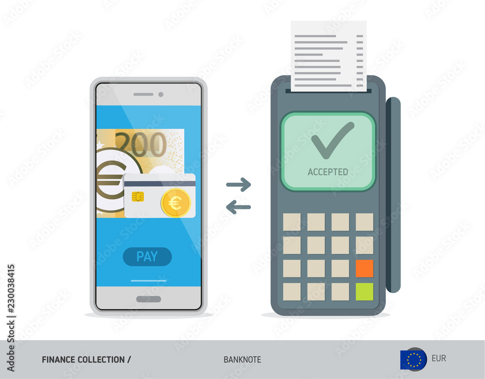 POS Terminal with 200 Euro Banknote. Flat style vector illustration. Finance concept. POS Terminal with 200 Euro Banknote. Flat style vector illustration. Finance concept.