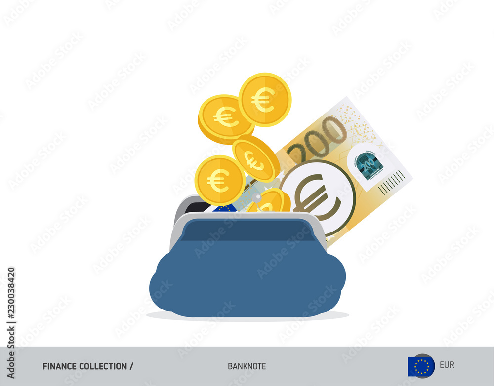 Blue opened purse with 200 Euro Banknote and coins. Flat style vector  illustration. Business concept. Stock Vector | Adobe Stock