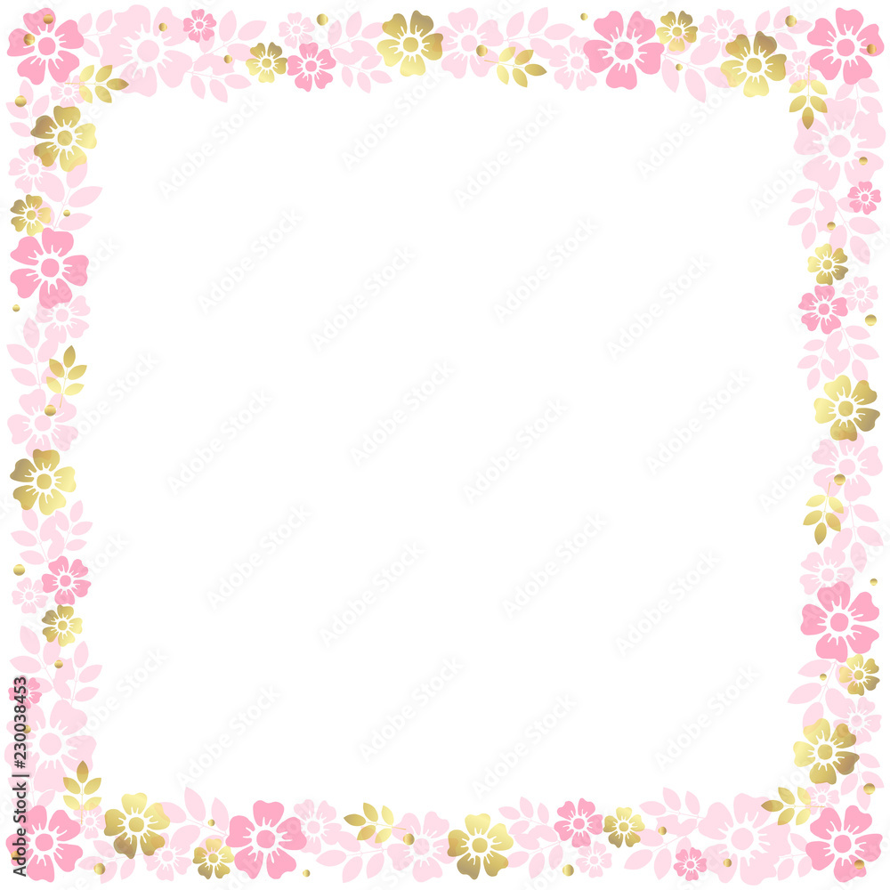 Decorative square frame of pink and golden flowers and leaves on white background for decoration, invitation or wedding, poster, valentines day, valentine, lettering or text, advertising, flower shop