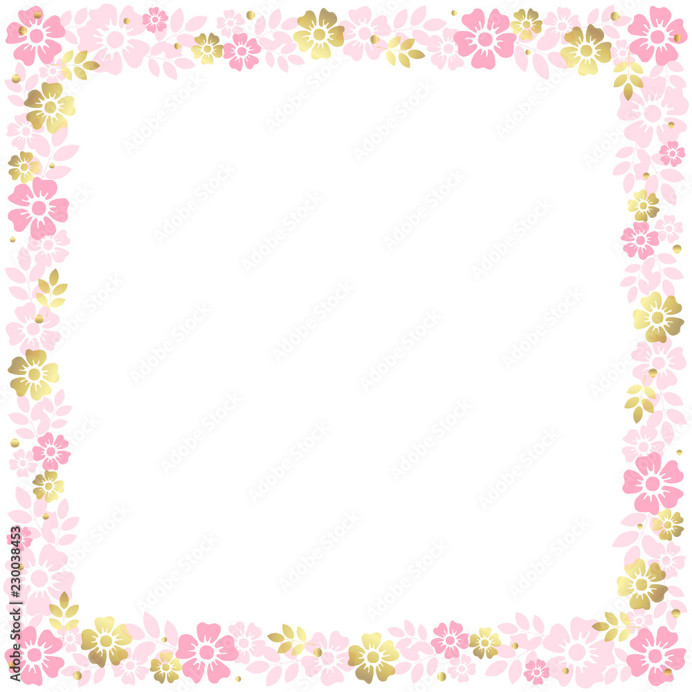 Decorative square frame of pink and golden flowers and leaves on white background for decoration, invitation or wedding, poster, valentines day, valentine, lettering or text, advertising, flower shop Decorative square frame of pink and golden flowers and leaves on white background for decoration, invitation or wedding, poster, valentines day, valentine, lettering or text, advertising, flower shop