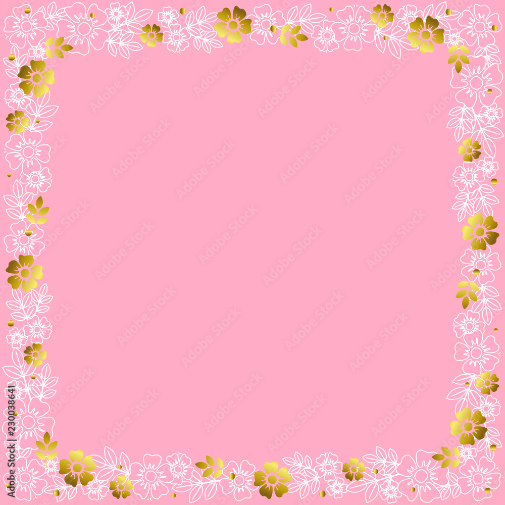 Decorative square frame of white outline and golden flowers and leaves on pink background for decoration, invitation or wedding, valentines day, valentine, lettering or text, advertising, flower shop