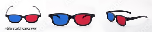 Set of 3d glasses from different angles on a white background isolated. Cinema glasses