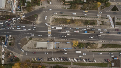 Aerial view of the road junction. Panoramic shot of a huge network of flyovers, junctions, intersections, roads, bridges 