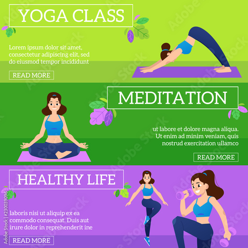 Vector illustration set of sport and healthy lifestyle horizontal banners with young women doing fitness exercises with weights, practicing yoga and meditating in flat style.