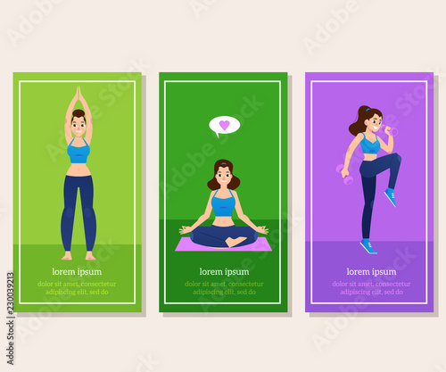 Vector illustration set of sport and healthy lifestyle vertical banners isolated on white background with young women doing fitness exercises, practicing yoga and meditating in flat style.
