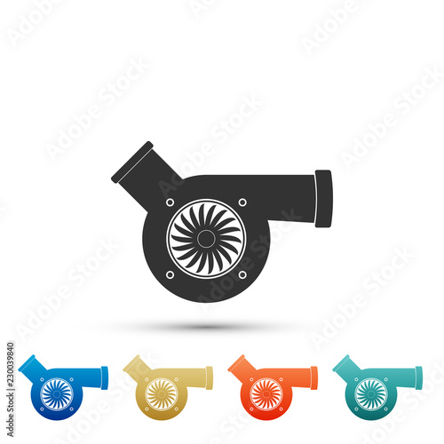 Automotive turbocharger icon isolated on white background. Vehicle performance turbo icon. Car turbocharger sign. Turbo compressor induction symbol. Colored icons. Flat design. Vector Illustration
