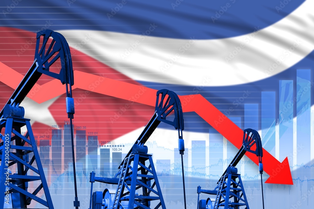 lowering, falling graph on Cuba flag background - industrial illustration of Cuba oil industry or market concept. 3D Illustration