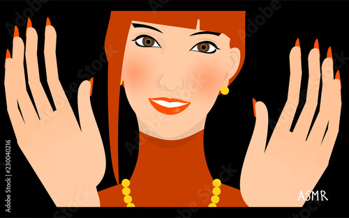 beautiful female vlogger face and hands in calming gesture, girl is making asmr video