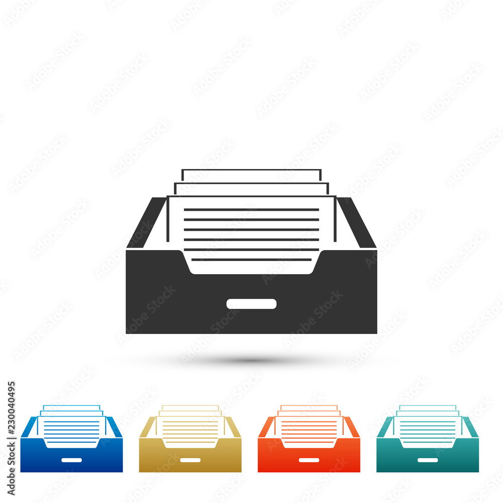 Drawer with documents icon isolated on white background. Archive papers drawer. File Cabinet Drawer. Office furniture. Set elements in colored icons. Flat design. Vector Illustration Drawer with documents icon isolated on white background. Archive papers drawer. File Cabinet Drawer. Office furniture. Set elements in colored icons. Flat design. Vector Illustration