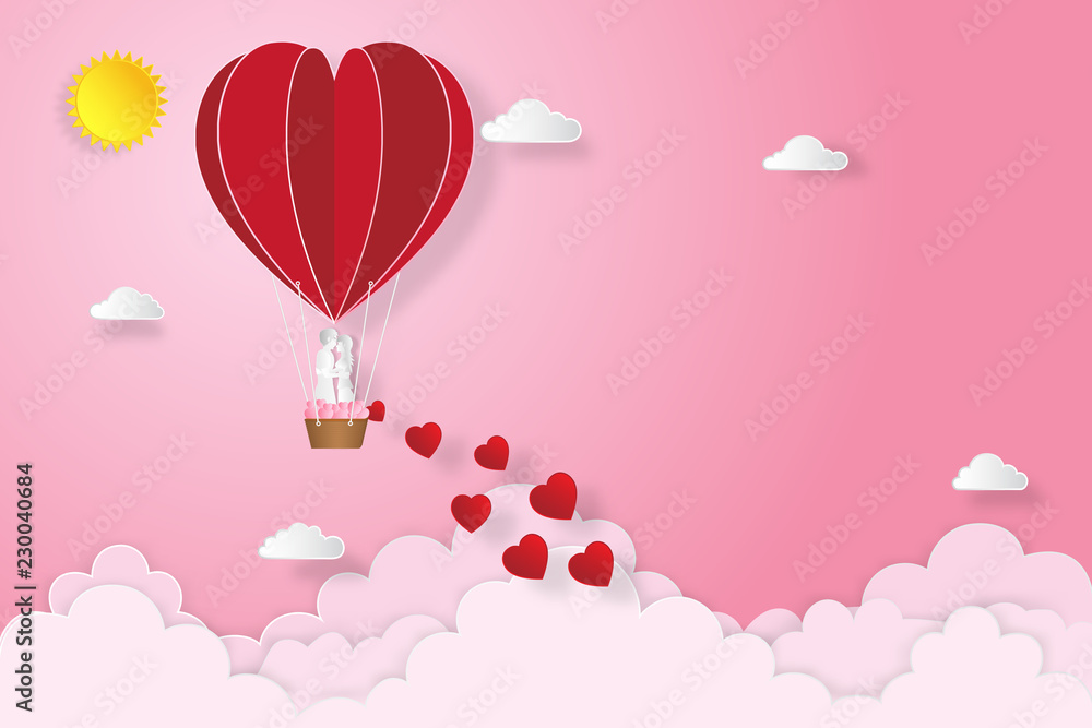  The lover in hot air balloons on pink sky and sunrise background as love , wedding, valentine, design paper art , cut and craft style concept. vector illustration