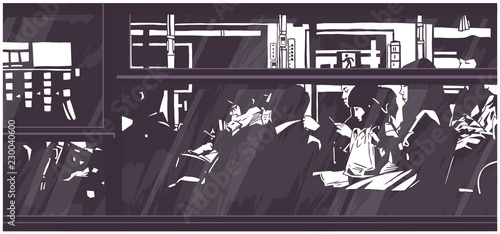 Illustration of late night bus public transport with passengers commuters