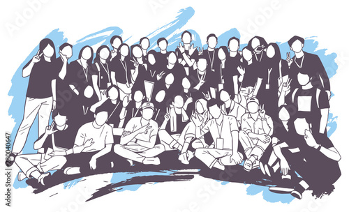 Illustration of young people, friends, classmates, students, colleagues, family posing for group photo	